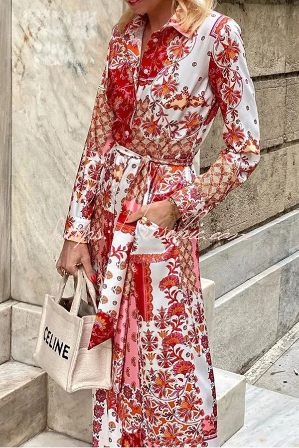 Bohemian Style Unique Printed Shirt Waist Tie Maxi Dress