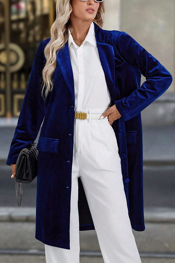 Solid Color Velvet Lapel Long-sleeved Casual Button Mid-length Coat