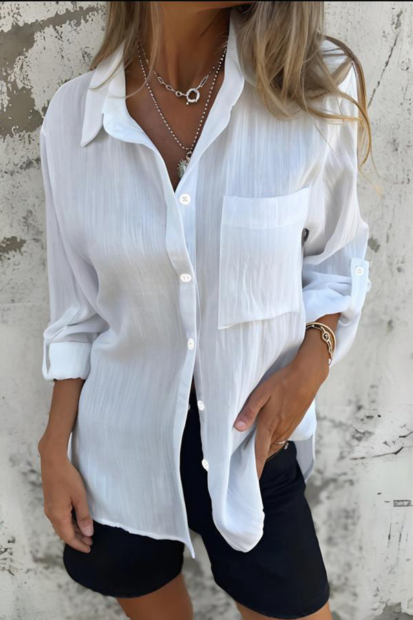 Solid Color Casual Pocket Button Loose Shirt