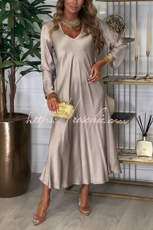 Solid Color V-neck Long-sleeved Loose Draped Maxi Dress