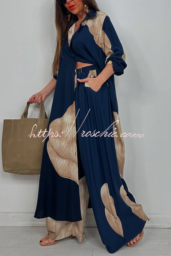 Unique Printed Casual Loose Long Shirt and Elastic Waist Pocket Wide Leg Pants Set