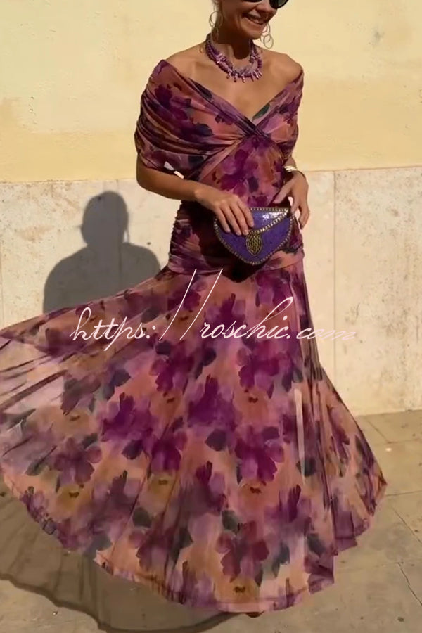 Unique Printed V-Neck Waisted Mesh Holiday Maxi Dress