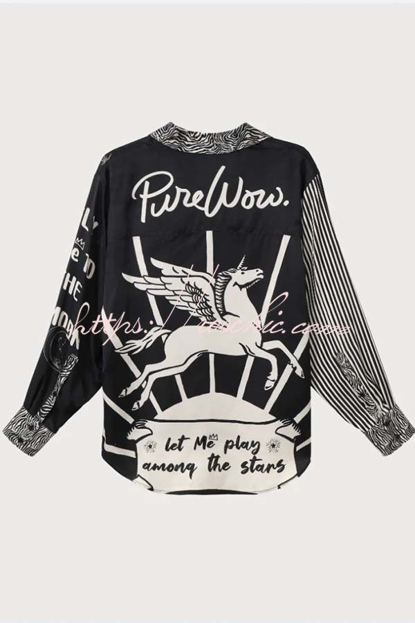 Black Magic Satin Unique Print Long Sleeve Blouse and Elastic Waist Pocket Wide Leg Pants Set