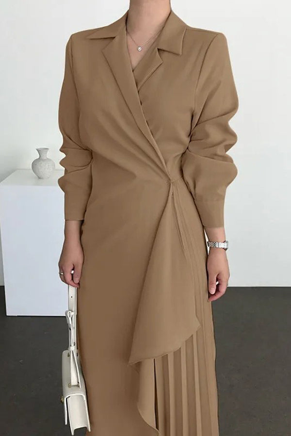 Elegant Long-sleeved Lapel Waisted Pleated Maxi Dress
