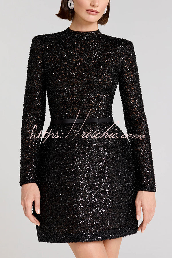 Edie Sequin High Neck Long Sleeve Satin Bow Belted Tulip Mini Dress