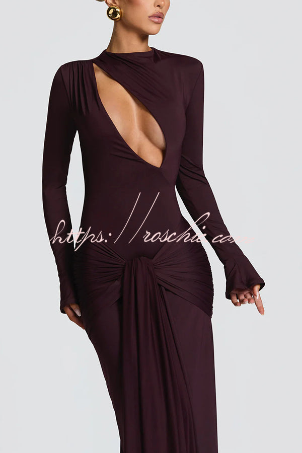 Sexy Cutout Fitted Long-sleeved Pleated Satin Ribbon Maxi Dresses