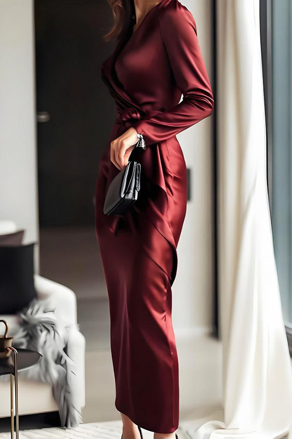 Solid Color Satin V-neck High Waist Tie Slim Midi Dress