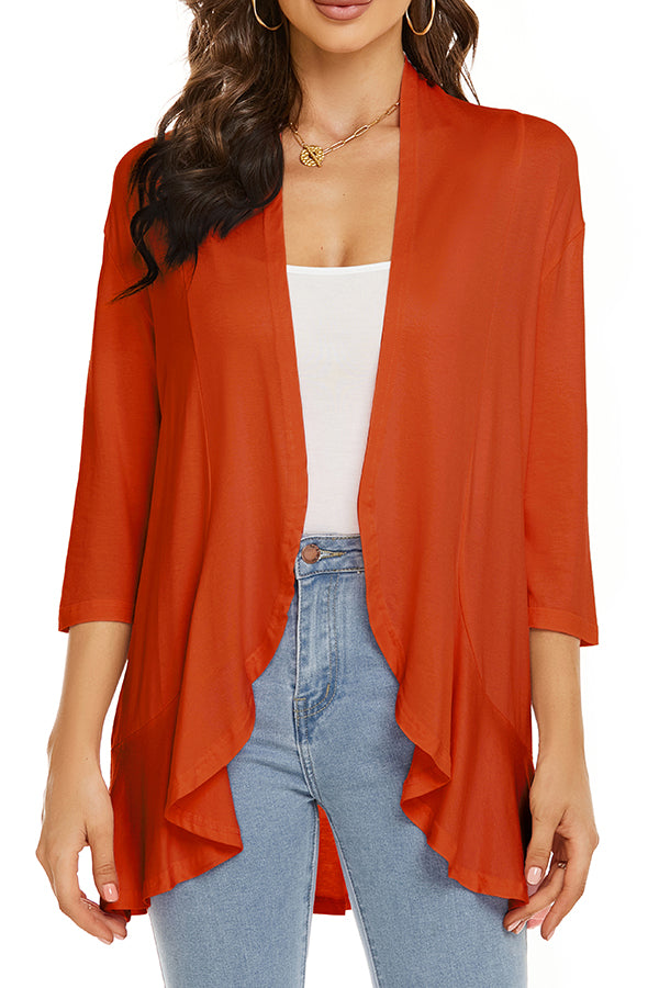 Solid Color Casual Three-quarter Sleeve Ruffled Loose Cardigan