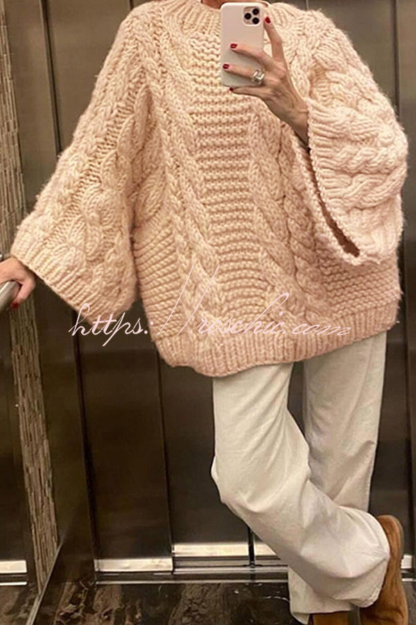 Solid Color Loose Round Neck Long Sleeve Casual Knitted Sweater