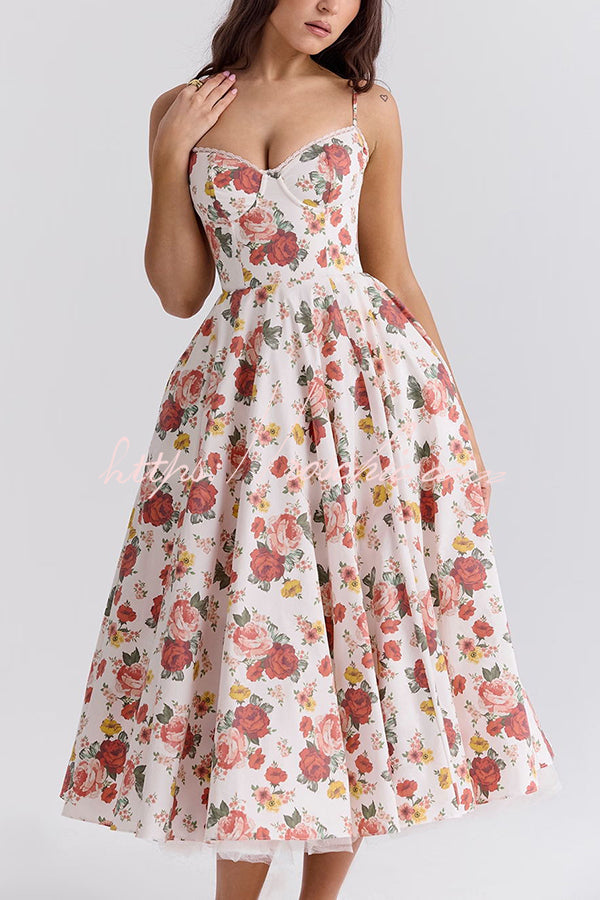 Fairy Tale Gorgeous Italian Rose Print Tulle Pocketed Slip Midi Dress