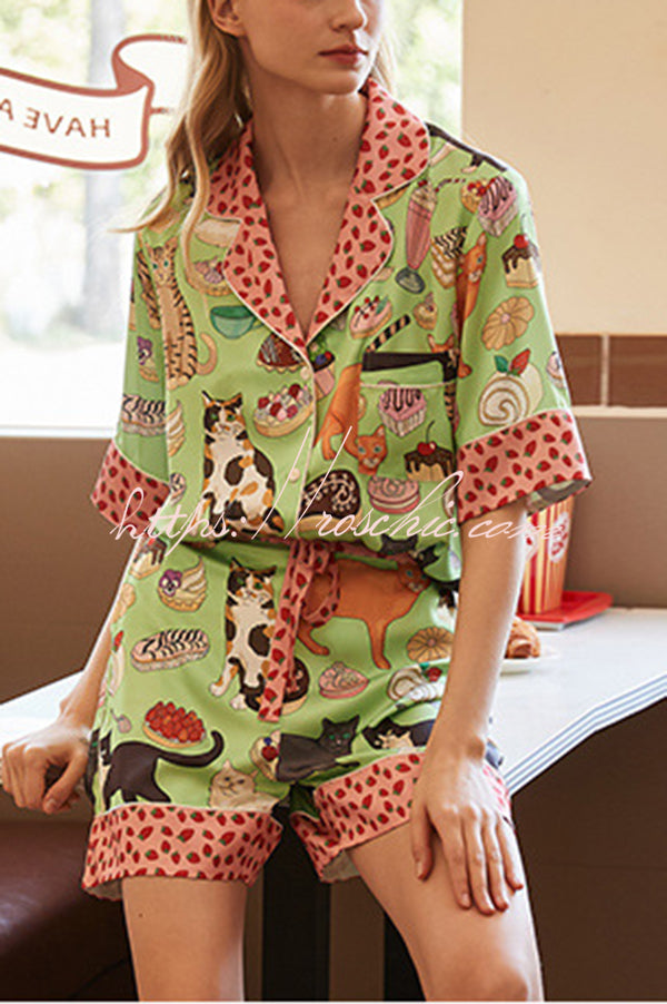 Coffee Cat Print Home Shorts Two-piece Set