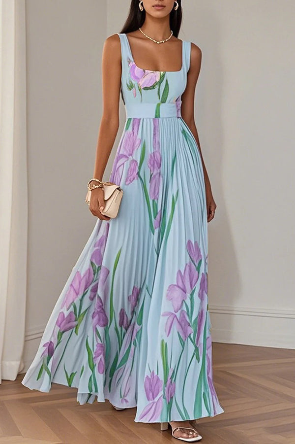 Floral Print Square Neck Suspender Pleated Maxi Dress