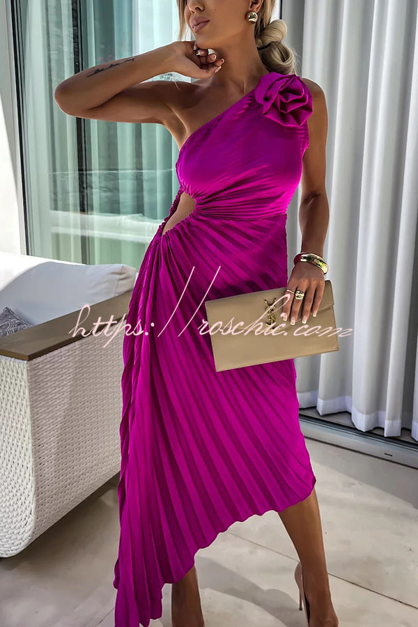 Romantic Nights Satin Raised Flower Elastic Cutout One Shoulder Pleated Maxi Dress