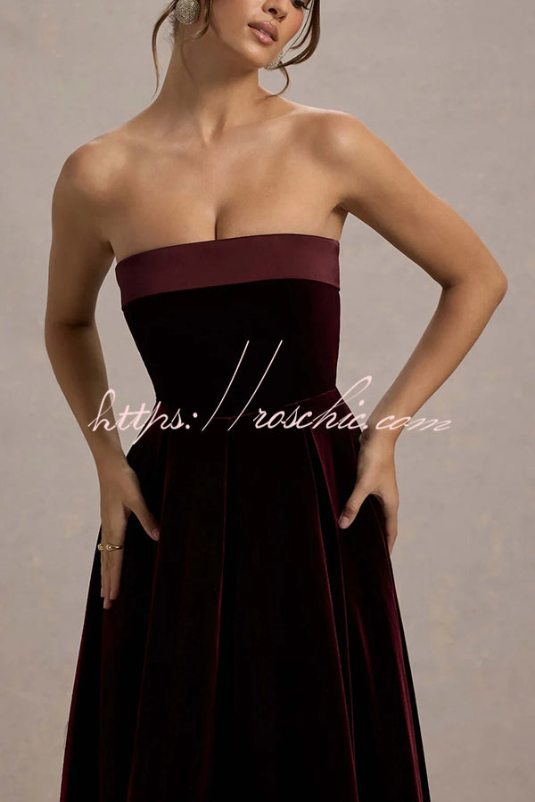 Center of Attention Velvet Satin Neck Bandeau Pleated Midi Dress