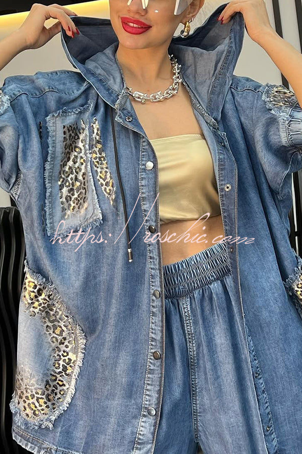 Fashion Loose Hooded Leopard Print Pocket Top and Casual Wide-leg Pants Set