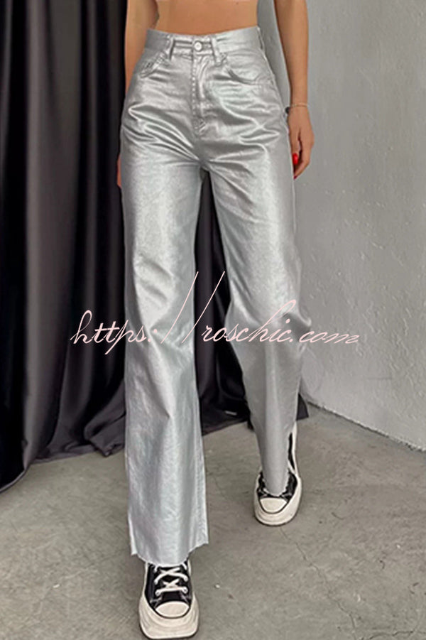 Stylish Metallic Fabric Pocket Casual Straight Wide-Leg Pants