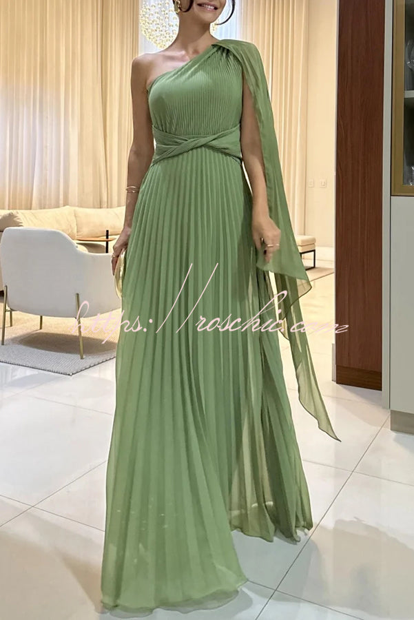 Kate Pleated One Shoulder Drape Sleeve Twist Waist Maxi Dress