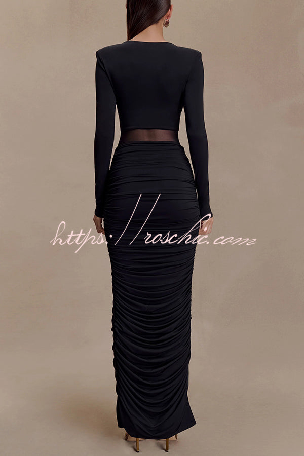 Sexy See-through Long-sleeved V-neck Pleated Slim-fit Maxi Dress