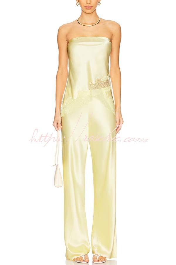 Odessa Satin Floral Lace Hem Strapless Tank and Mid Rise Wide Leg Pants Set