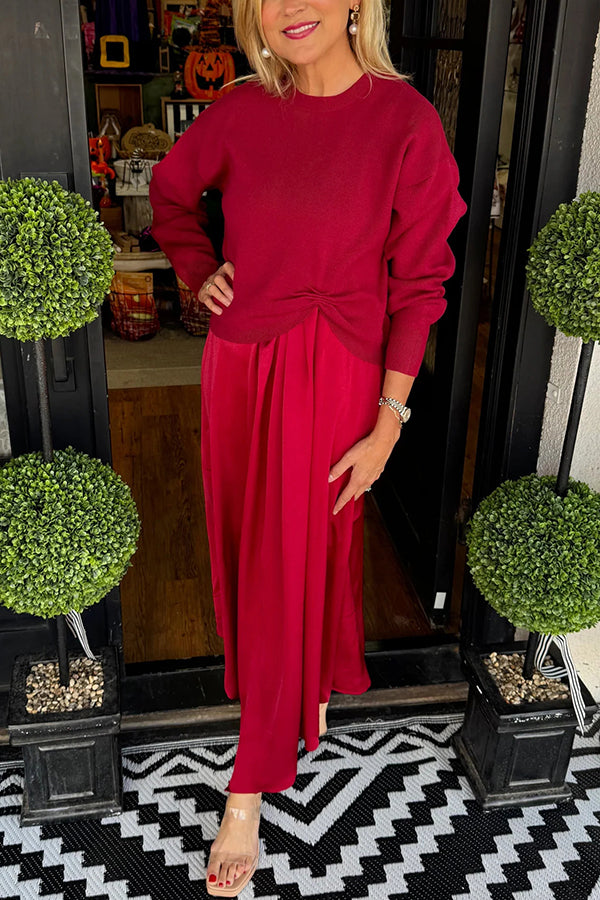 Practical Fashion Knit Ruched Sweater and Satin Stretch Tank Midi Dress Two-piece Set, Red / S