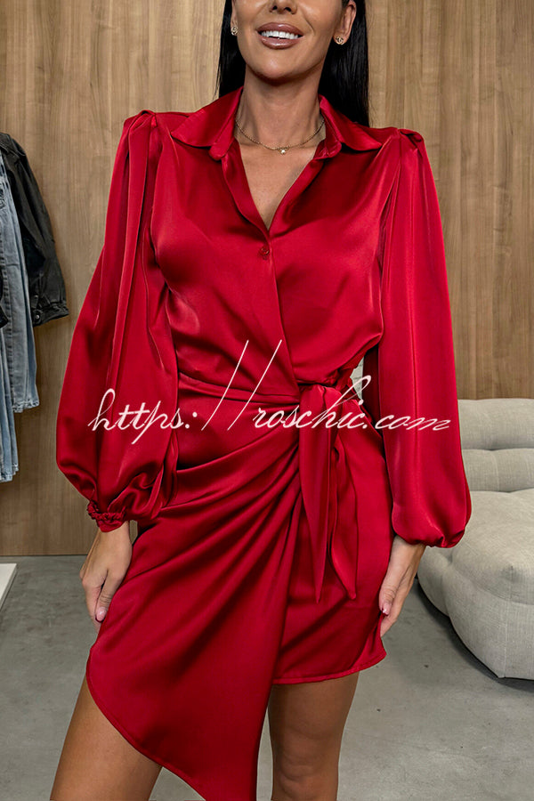 Solid Satin Long Sleeve Tie Waist Irregular Mini Dress