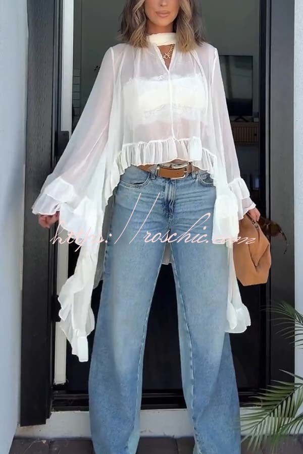 Flowy See-through Ruffle Tie-up Neck Bell Sleeve High-low Hem Cape Shirt