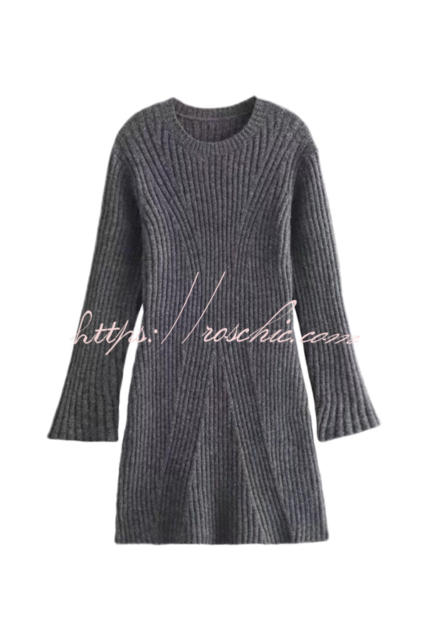 Beautiful Basic Ribbed Knit Long Slit Sleeve Flare Stretch Dress