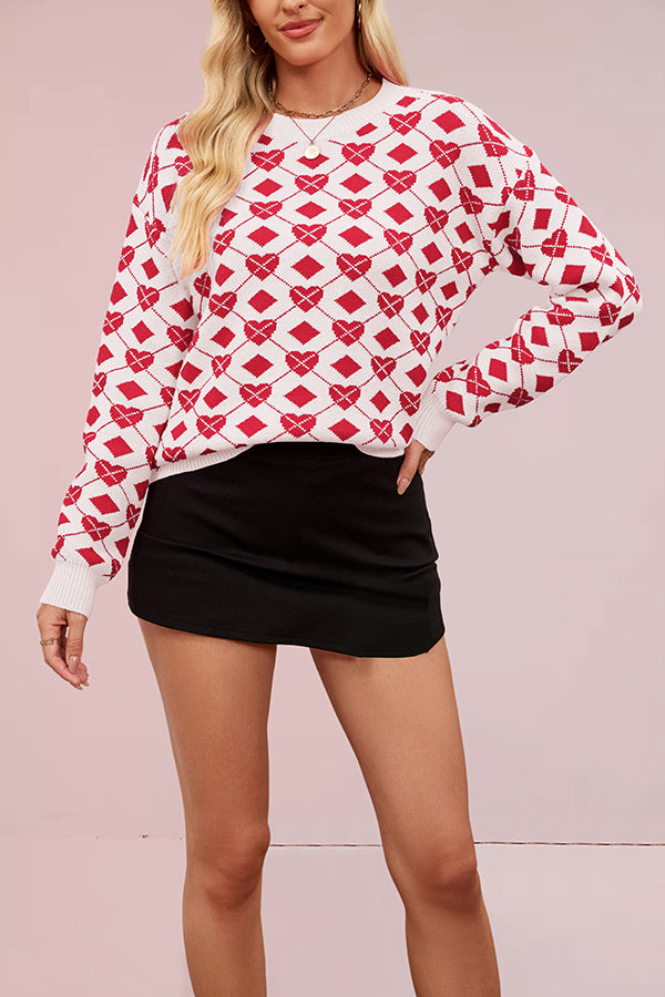 Fashionable Heart-shaped Jacquard Loose Long-sleeved Knit Sweater