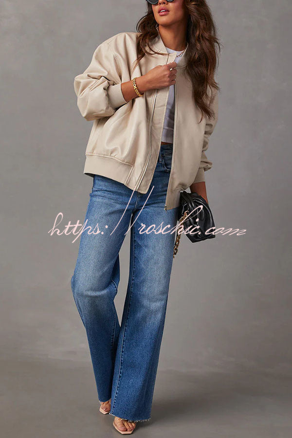 Solid Color Long Sleeve Loose Pocket Leather Jacket