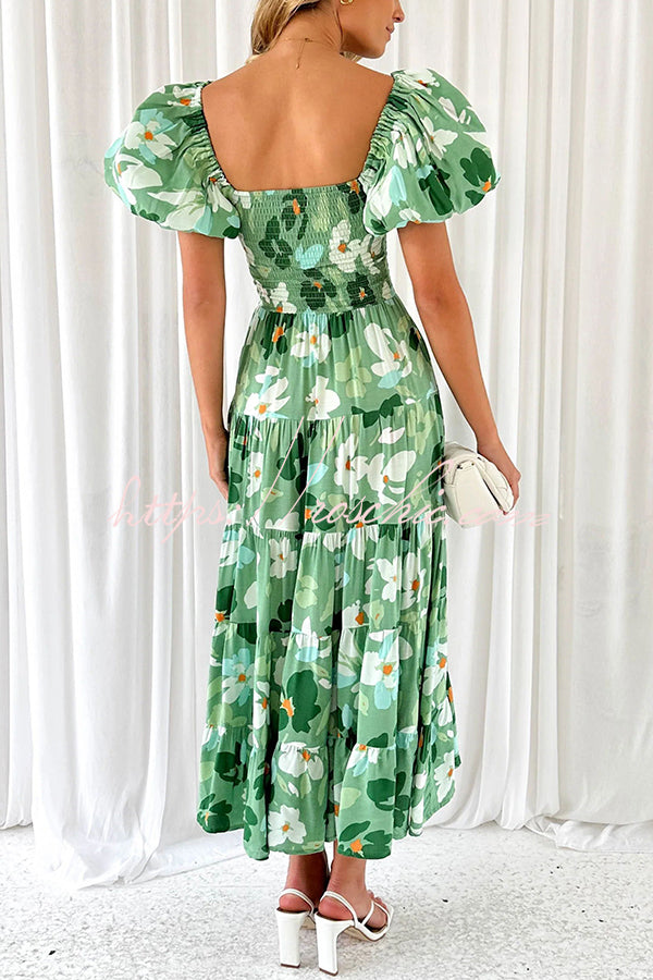 Petal Princess Unique Print Smocked Waist Puff Sleeve Midi Dress