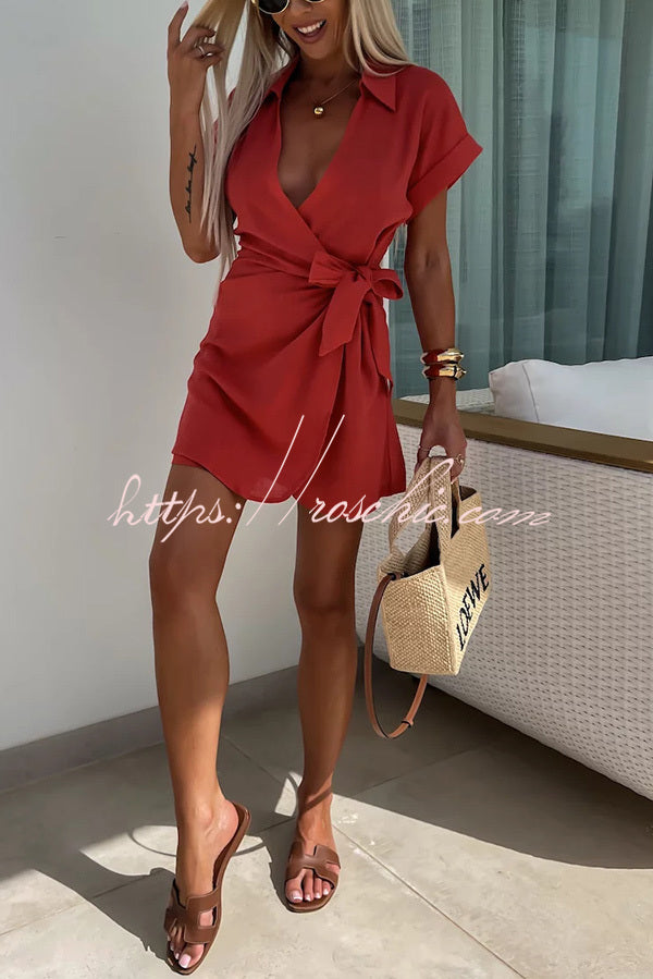 Relaxing Beach Linen Blend Solid Color Wrap Loose Shirt Romper