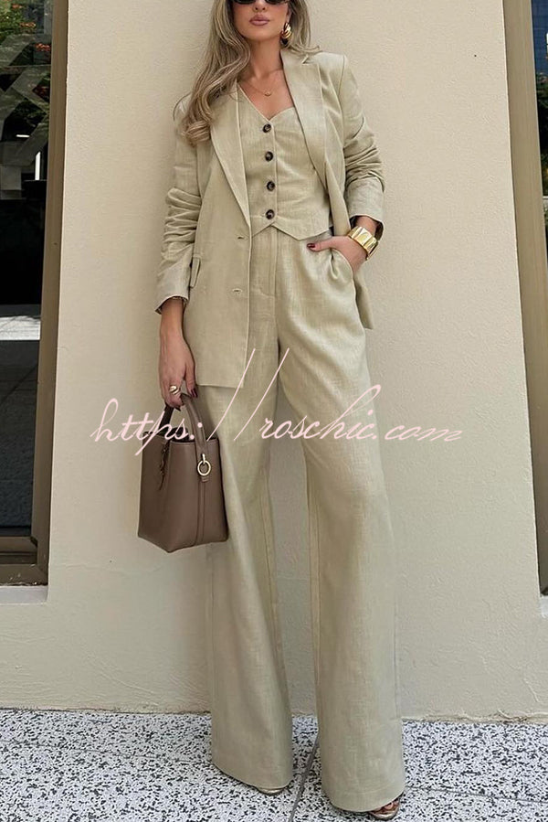 Solid Color Lapel Blazer + Slim Waistcoat and Pocket Wide-leg Pants Three-piece Set