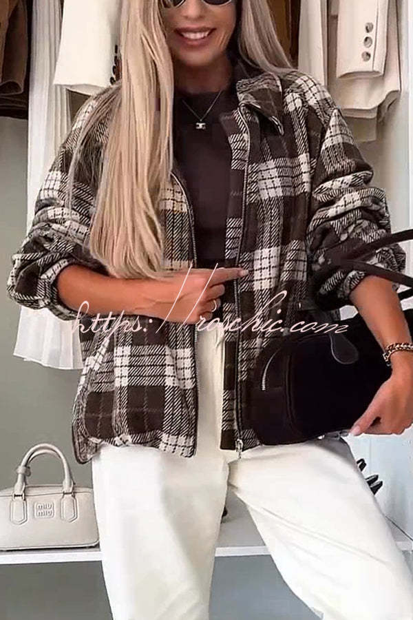 Fashion Plaid Print Lapel Long Sleeve Loose Zipper Jacket