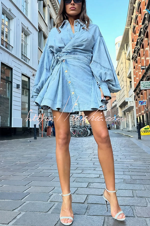 white christmas dresses Yaron Denim Button Twisted Shape Wrap Long Balloon Sleeve Shirt Mini Dress