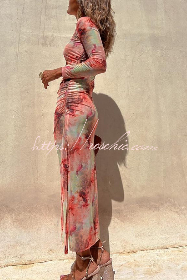 Charm Lady Mesh Overlay Tie Dye Print Long Sleeve Ruched Stretch Midi Dress