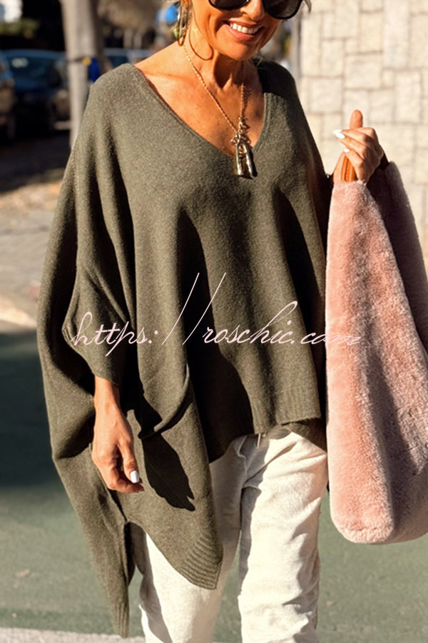 Fashion V-neck Loose Pocket Mid-length Knitted Sweater