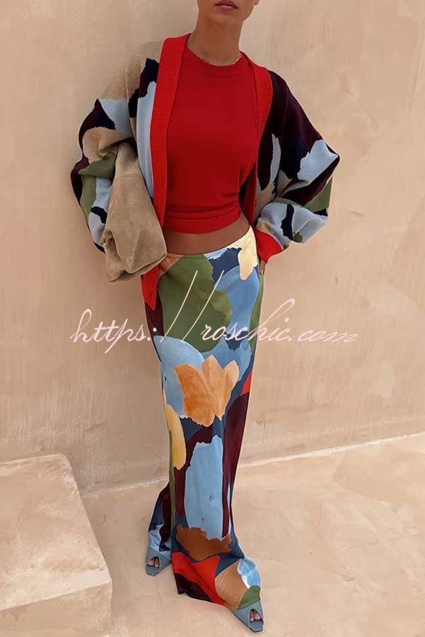 Bright and Bold Satin Abstract Color Blocks Print Elastic Waist Drape Maxi Skirt