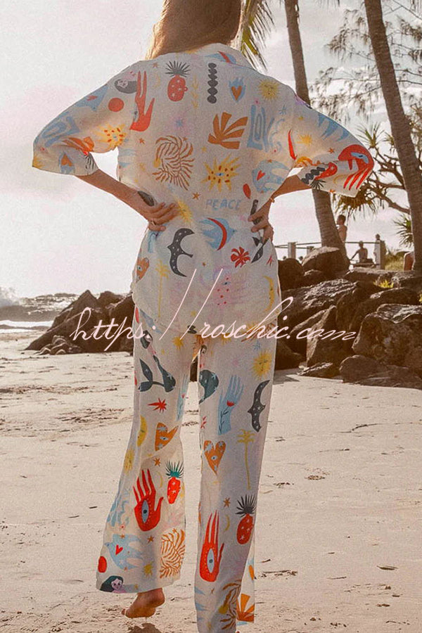 Abstract Sea Creature Print Button Pockets Elastic Waist Pant Suit