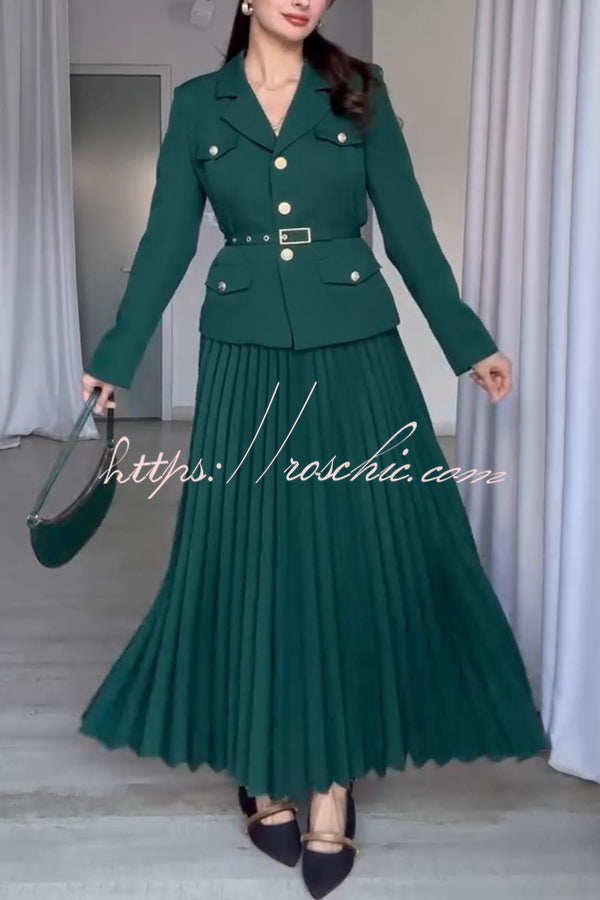 Solid Color Lapel Button Belt Blazer and Pleated Casual Maxi Skirt Set