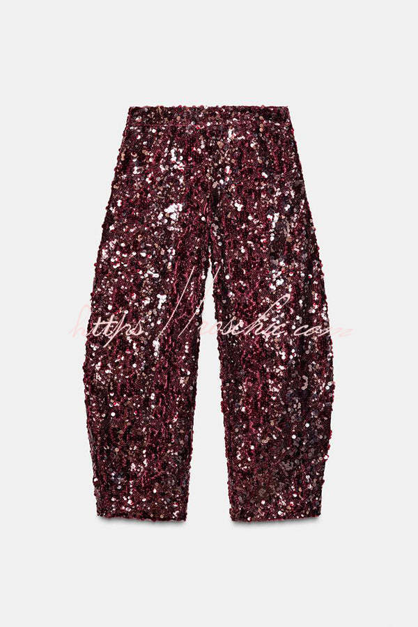 Gala Goddess Sequin High Rise Zipper Waist Wide Leg Pants
