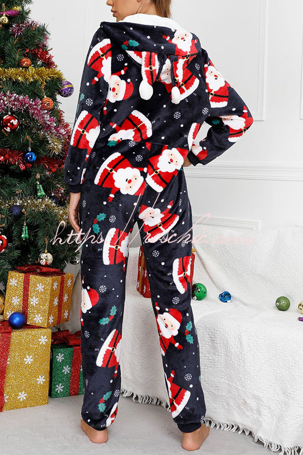 Festive Flavors Printed Flannel  Zipper Pocket Hooded Pajama Jumpsuit