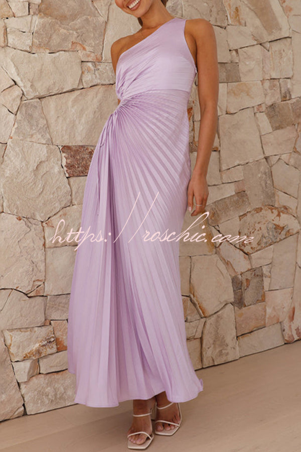 Charming One Shoulder Lace Up Cutout Pleated Maxi Dress