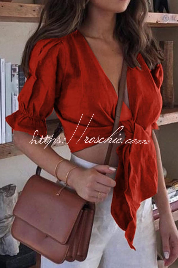 Solid Color Short-sleeved Tie Cropped Shirt