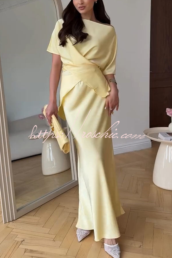 Secret of Elegance Satin Slit Back Lace-up Top and Elastic Waist Flare Maxi Skirt Set