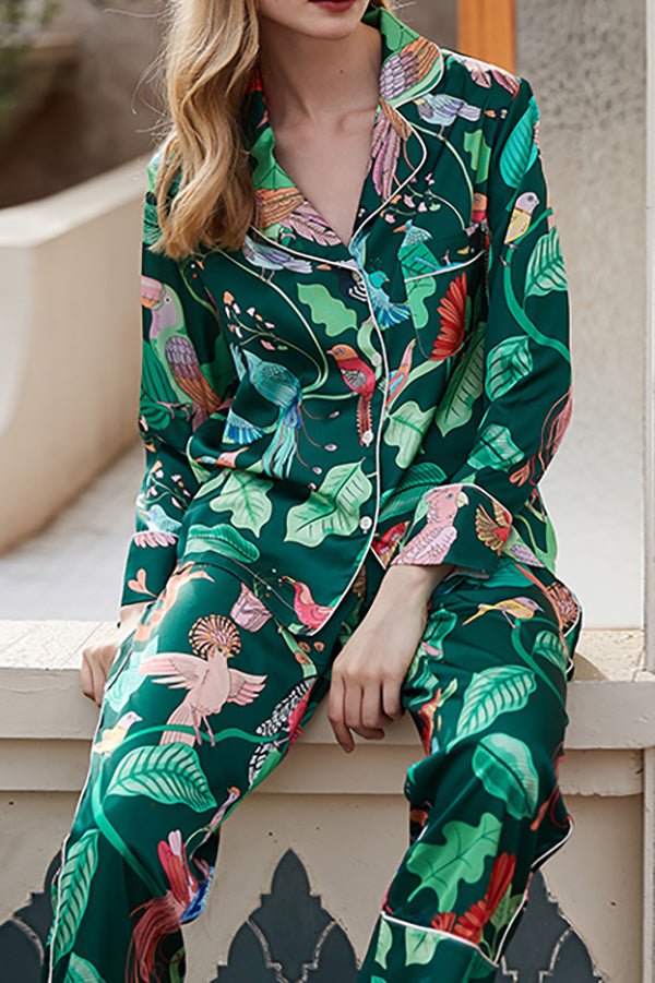 Green Parrot Print Home Long Sleeved Two-piece Set