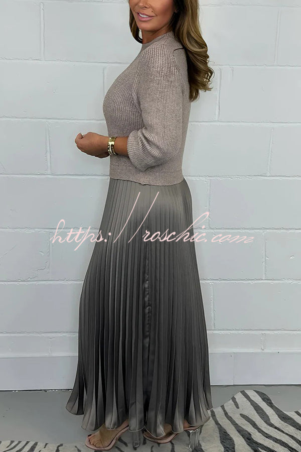 Stylish Knitted Round Neck Long Sleeve Patchwork Pleated Hem Maxi Dress