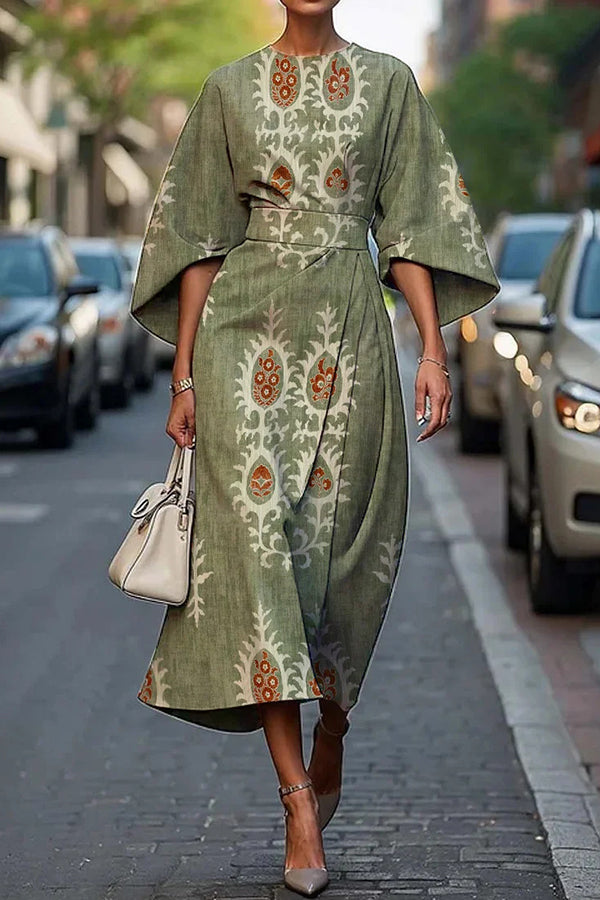 Unique Print Batwing Sleeve Waisted Casual Midi Dress