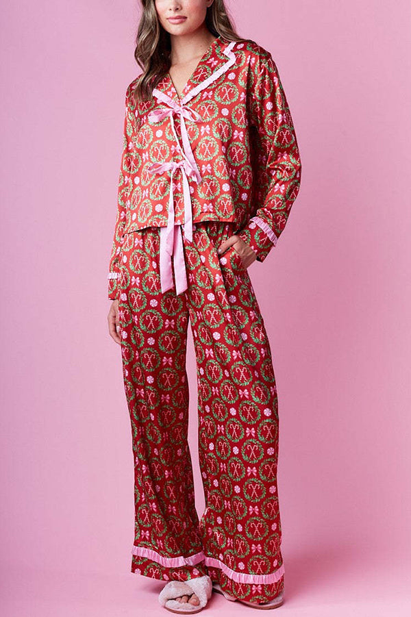 Christmas Print Long-sleeved Tie-waist Loose Top and Elastic Waist Pocket Casual Wide-leg Pants Set