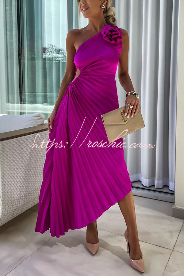 Romantic Nights Satin Raised Flower Elastic Cutout One Shoulder Pleated Maxi Dress