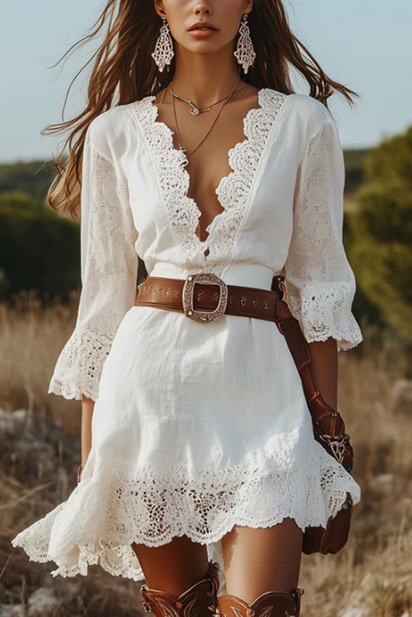 Women's Mini Dress Boho Dress Lace Dress Western Dress Elegant Fashion Modern Outdoor Vacation Going Out Regular Fit Plain Long Sleeve V Neck White